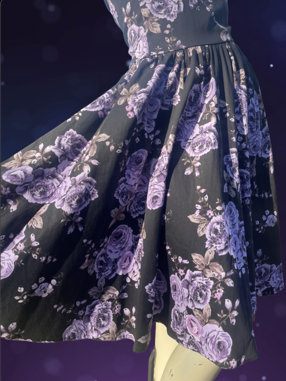 Pinup Couture Black Midi Swing Dress with Purple Rose Print - Picture 2 of 12